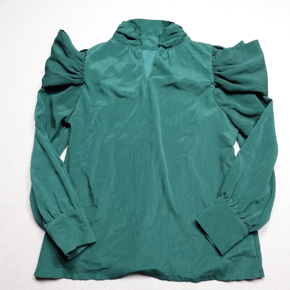 Entro Blouse Womens S Green High Neck Puff Sleeve Ruffle Keyhole T21854